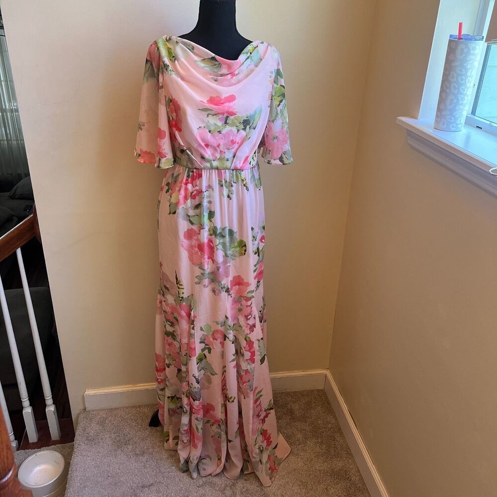 Adrianna Papell Pink Flower Chiffon Dress Floor Length size 4 - Picture 3 of 5